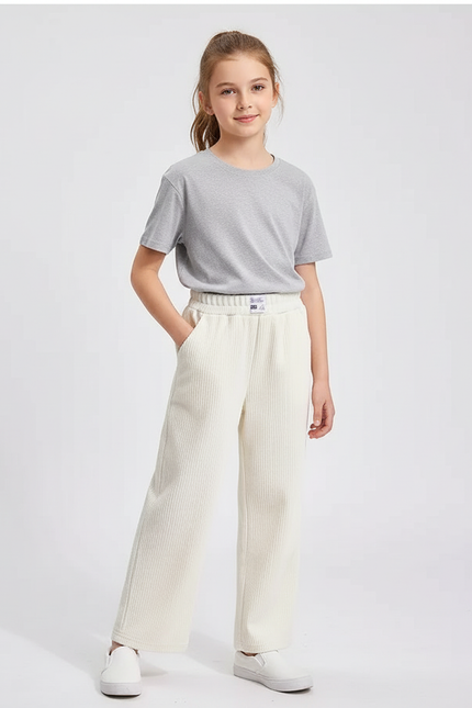 Pantalon Blanc Côtelé Ample Décontracté Enfant Confortable - Cordé