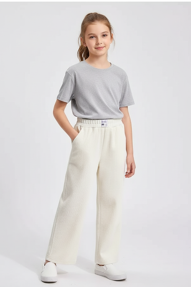 Pantalon Blanc Côtelé Ample Décontracté Enfant Confortable - Cordé