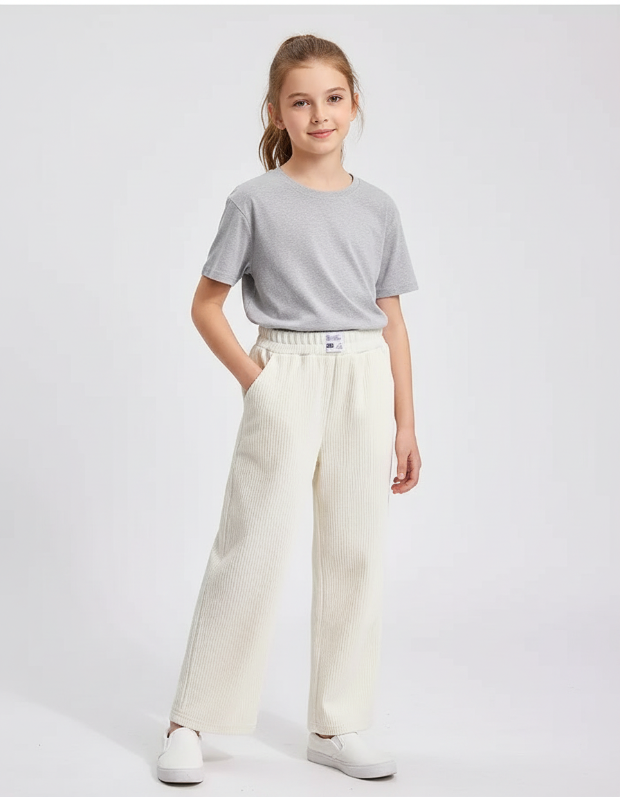 Pantalon Blanc Côtelé Ample Décontracté Enfant Confortable - Cordé