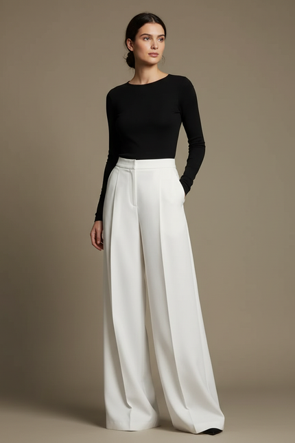 Pantalon Blanc Ample Fluide Élégant Taille Haute - Polyester