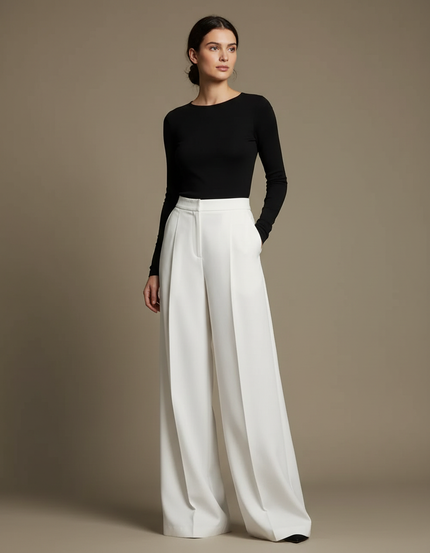 Pantalon Blanc Ample Fluide Élégant Taille Haute - Polyester