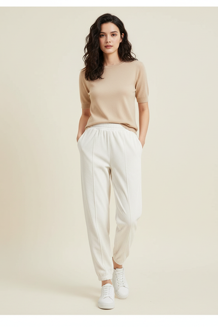 Pantalon Blanc Côtelé Décontracté Cheville Élastique Femme - Cordé