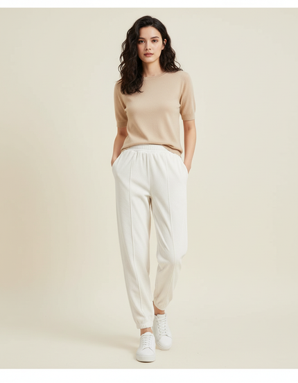 Pantalon Blanc Côtelé Décontracté Cheville Élastique Femme - Cordé