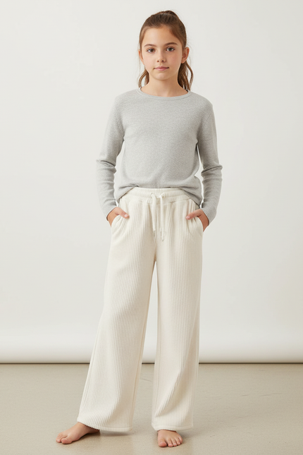 Pantalon Blanc Côtelé Ample Confortable Décontracté Fille - Beige Cordé