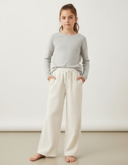 Pantalon Blanc Côtelé Ample Confortable Décontracté Fille - Beige Cordé