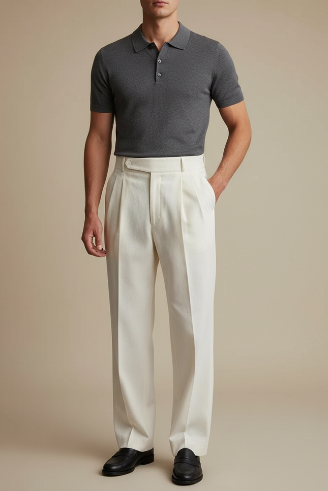 Pantalon Blanc Plissé Ample Homme Élégant Formel - Laine