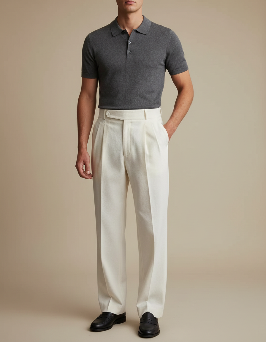 Pantalon Blanc Plissé Ample Homme Élégant Formel - Laine