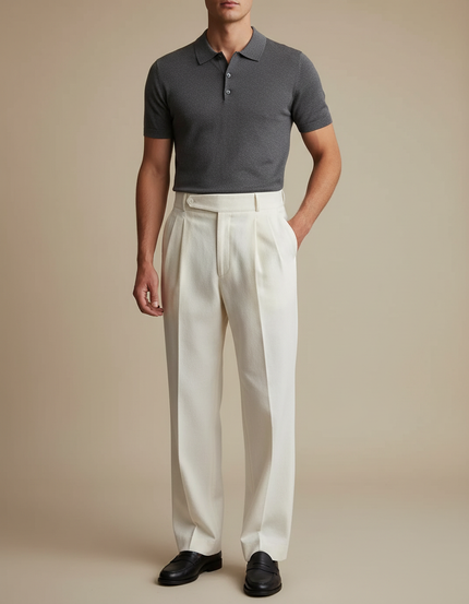 Pantalon Blanc Plissé Ample Homme Élégant Formel - Laine
