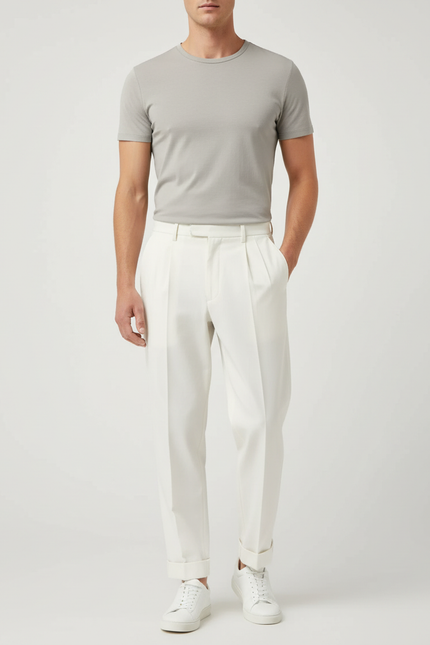 Pantalon Blanc Plissé Droit Élégant Homme - Gabardine