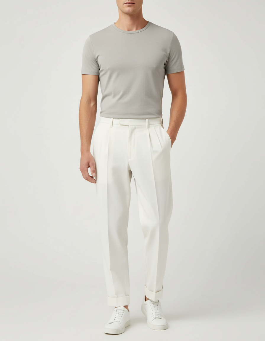 Pantalon Blanc Plissé Droit Élégant Homme - Gabardine