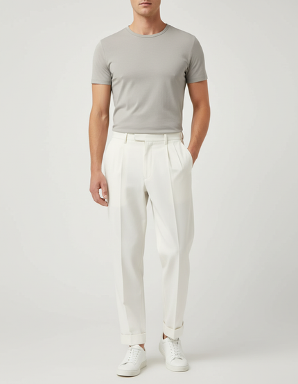 Pantalon Blanc Plissé Droit Élégant Homme - Gabardine