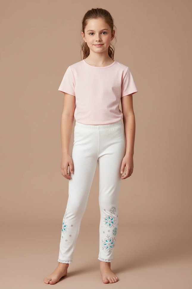 Pantalon Blanc Fille Slim Flocons Brodés Hiver - Molleton