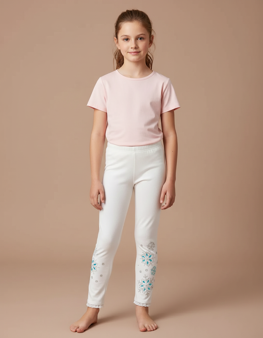 Pantalon Blanc Fille Slim Flocons Brodés Hiver - Molleton