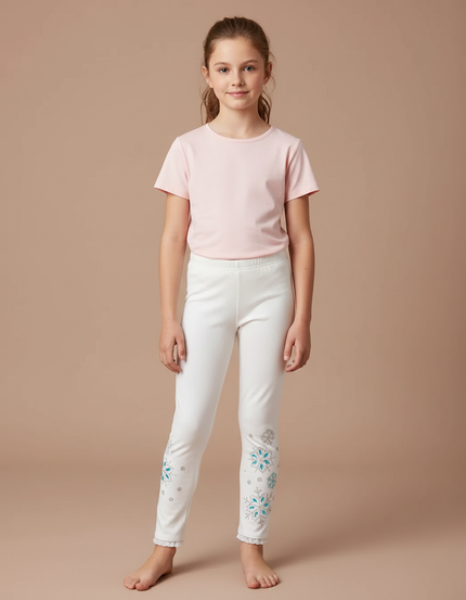 Pantalon Blanc Fille Slim Flocons Brodés Hiver - Molleton