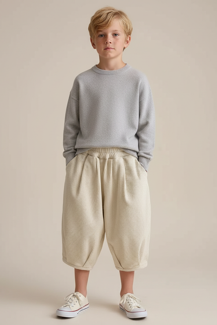 Pantalon Blanc Côtelé Ample Décontracté Garçon Confortable - Beige Cordé