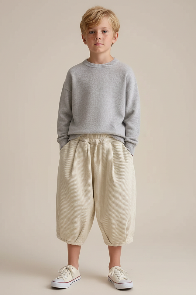 Pantalon Blanc Côtelé Ample Décontracté Garçon Confortable - Beige Cordé