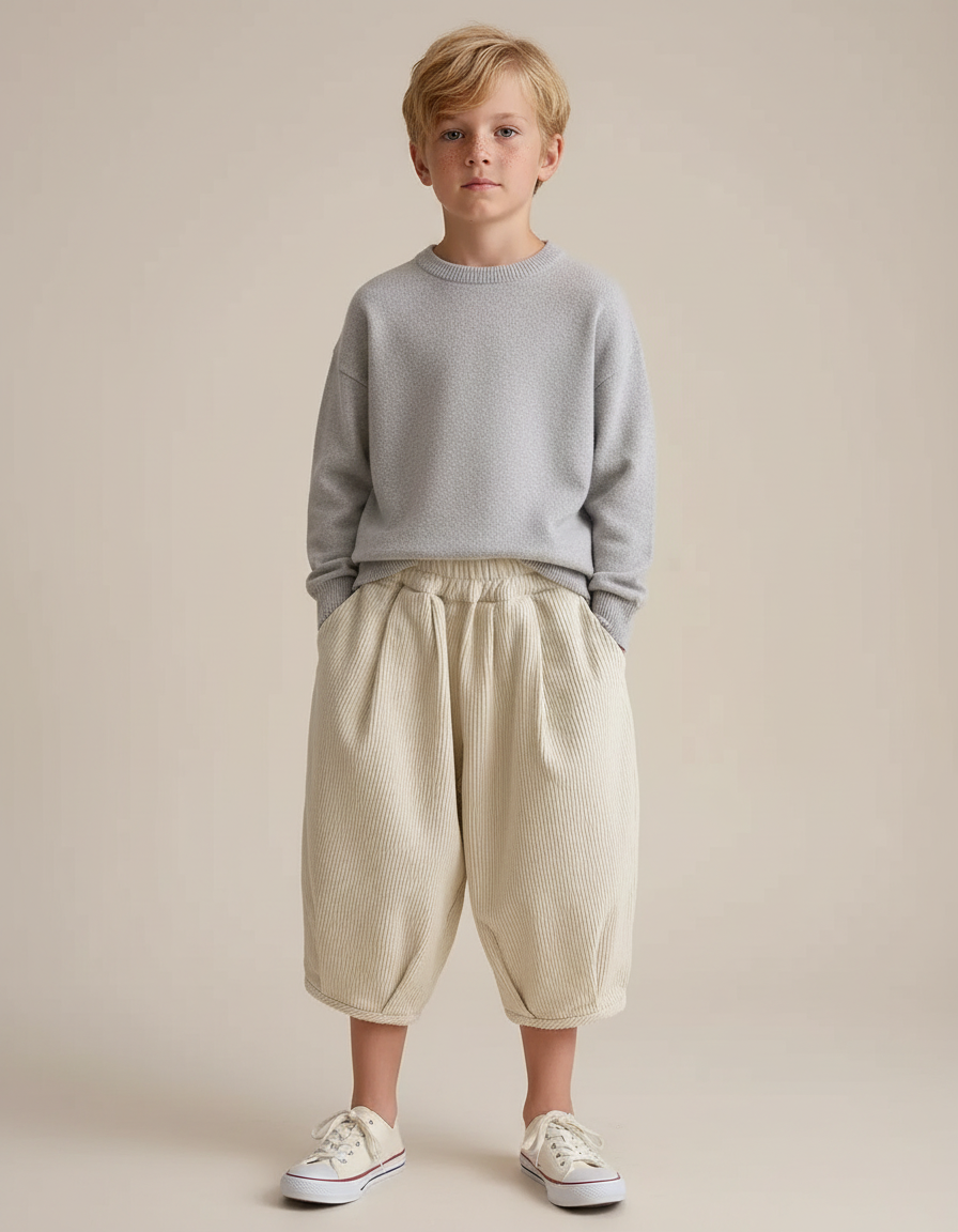 Pantalon Blanc Côtelé Ample Décontracté Garçon Confortable - Beige Cordé