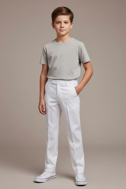 Pantalon Blanc Garçon Coupe Droite Élégant Formel - Gabardine