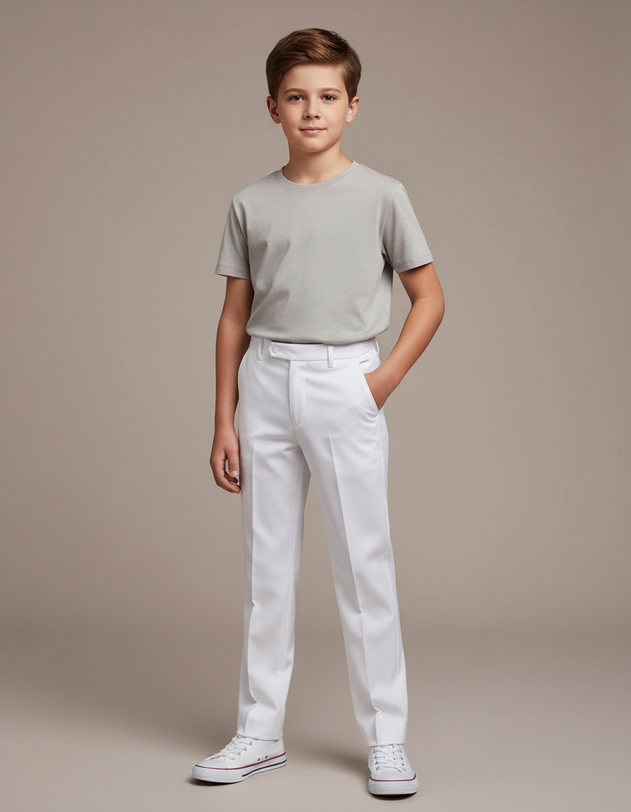 Pantalon Blanc Garçon Coupe Droite Élégant Formel - Gabardine