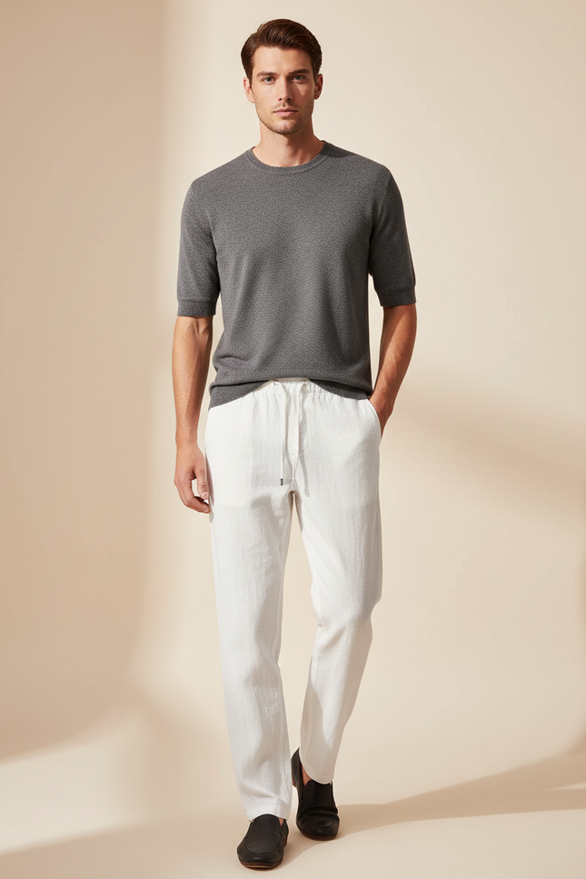 Pantalon Blanc Lin Décontracté Cordon Homme Léger