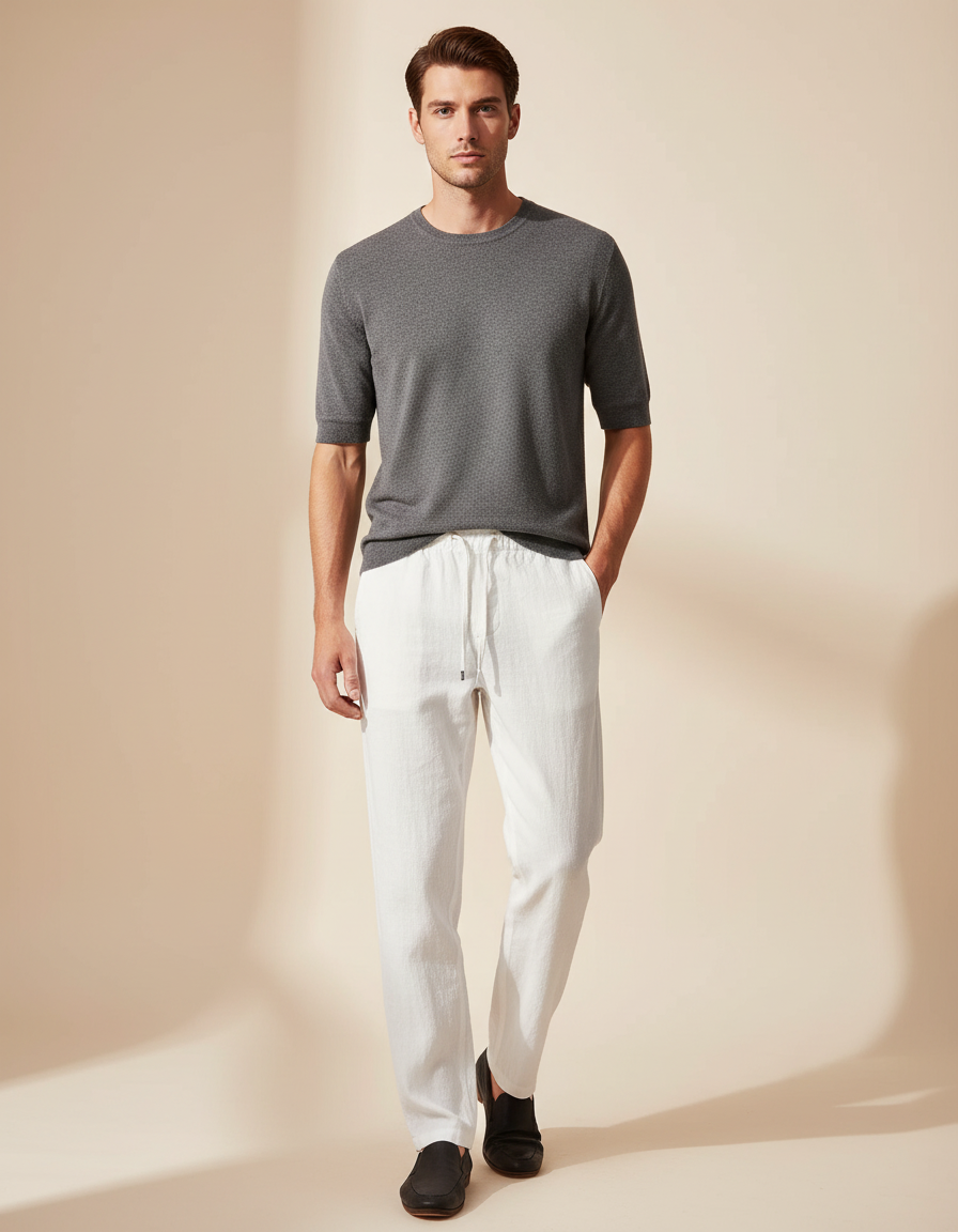 Pantalon Blanc Lin Décontracté Cordon Homme Léger