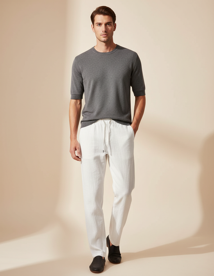 Pantalon Blanc Lin Décontracté Cordon Homme Léger
