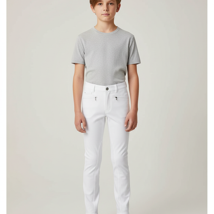 Pantalon Blanc Équestre Enfant Slim Poches Zippées - Polyester