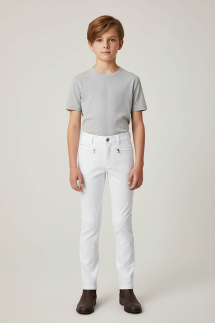 Pantalon Blanc Équestre Enfant Slim Poches Zippées - Polyester