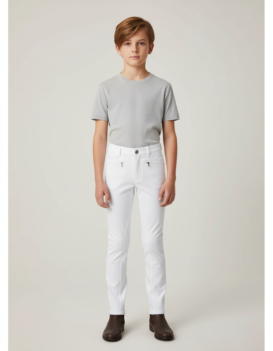 Pantalon Blanc Équestre Enfant Slim Poches Zippées - Polyester