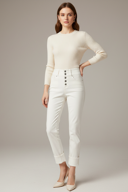 Pantalon Blanc Taille Haute Slim Femme Coton Stretch - Jean