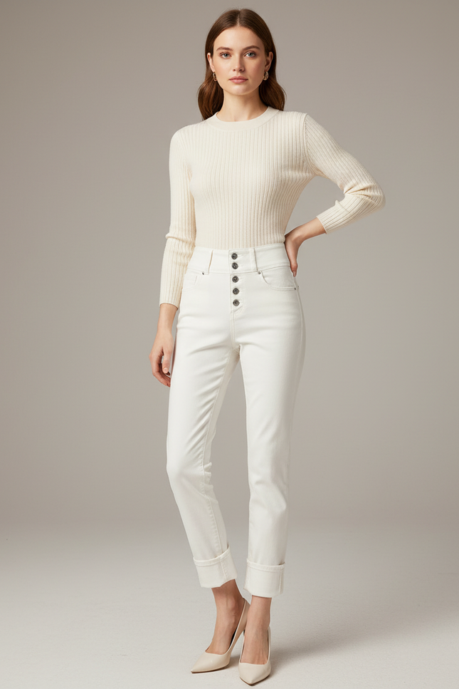 Pantalon Blanc Taille Haute Slim Femme Coton Stretch - Jean