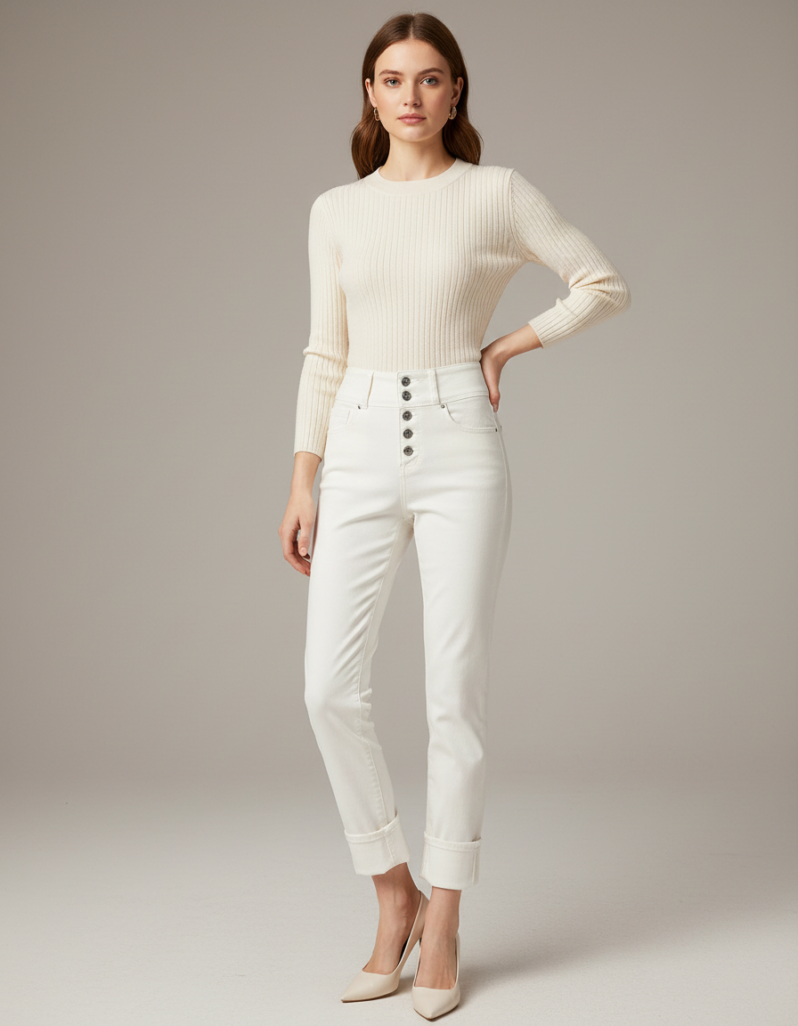 Pantalon Blanc Taille Haute Slim Femme Coton Stretch - Jean