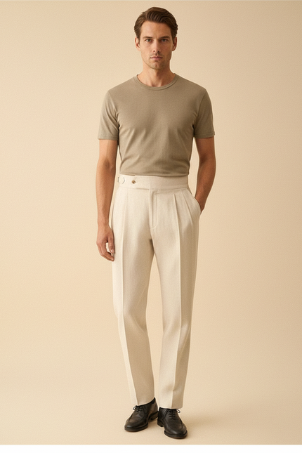 Pantalon Blanc Droit Plissé Habillé Lin Élégant Homme - Beige