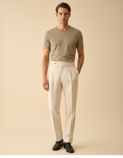 Pantalon Blanc Droit Plissé Habillé Lin Élégant Homme - Beige