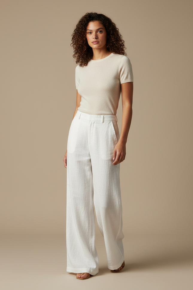 Pantalon Blanc Large Lin Décontracté Élégant Femme