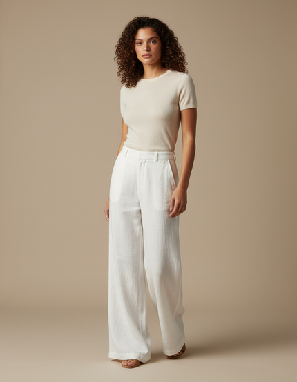 Pantalon Blanc Large Lin Décontracté Élégant Femme