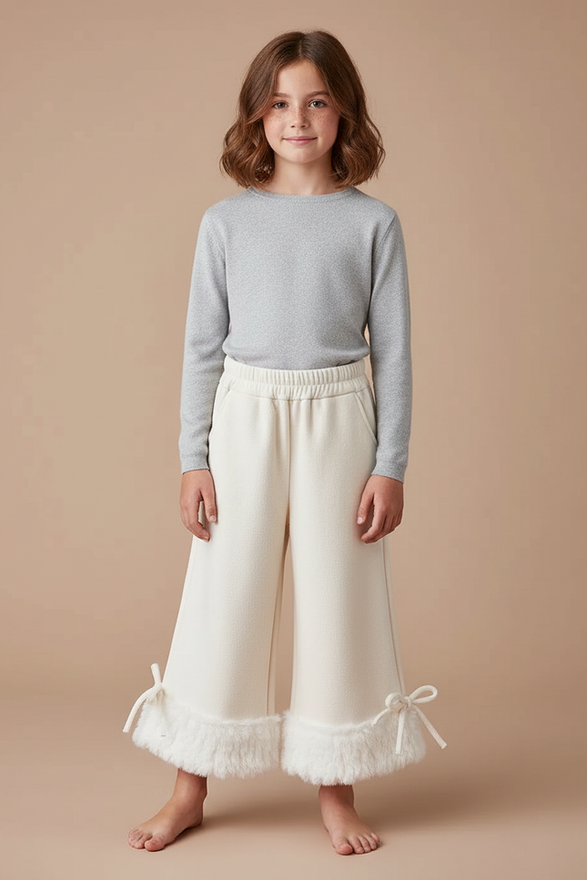 Pantalon Blanc Évasé Fourrure Chaud Enfant - Molleton