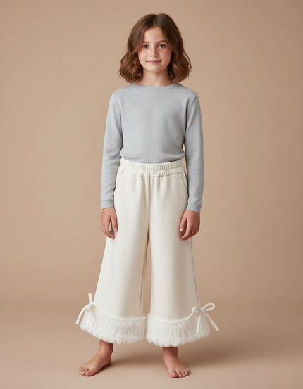 Pantalon Blanc Évasé Fourrure Chaud Enfant - Molleton