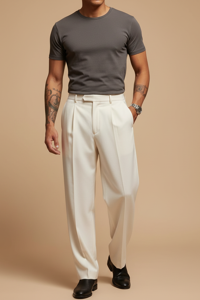 Pantalon Blanc Plissé Ample Élégant Homme - Gabardine