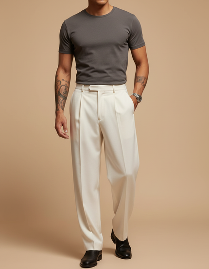 Pantalon Blanc Plissé Ample Élégant Homme - Gabardine