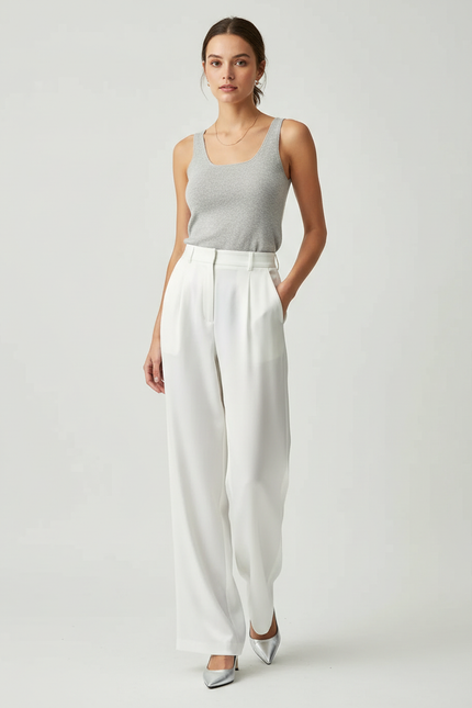 Pantalon Blanc Fluide Plissé Ample Élégant Femme - Polyester