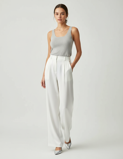 Pantalon Blanc Fluide Plissé Ample Élégant Femme - Polyester