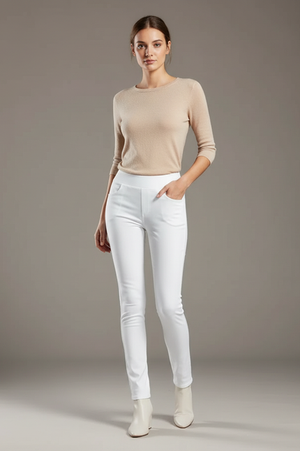 Pantalon Blanc Femme Slim Élégant Stretch - Polyester
