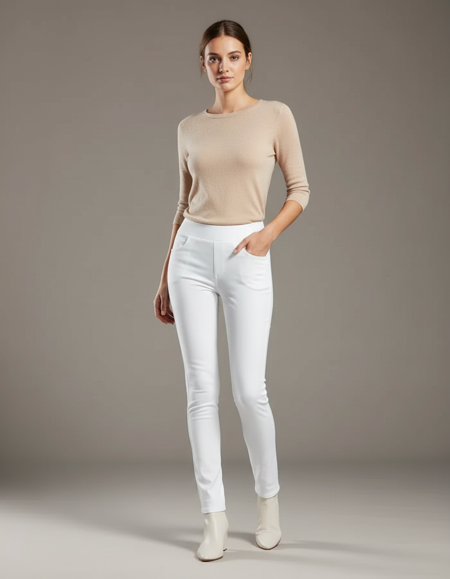 Pantalon Blanc Femme Slim Élégant Stretch - Polyester