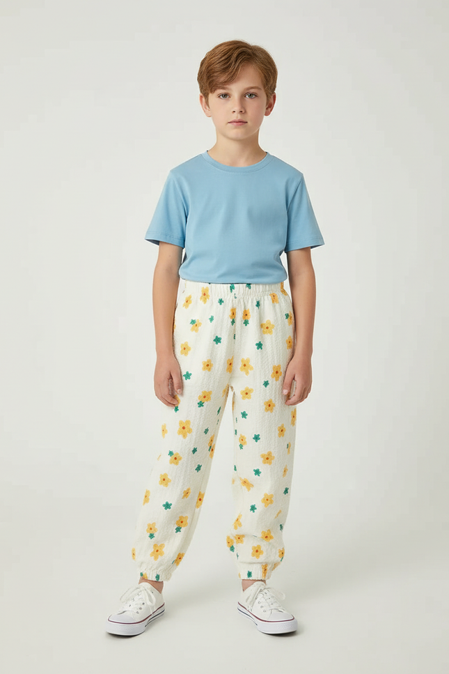 Pantalon Blanc Fleuri Ample Coton Enfant Garçon - Imprimé