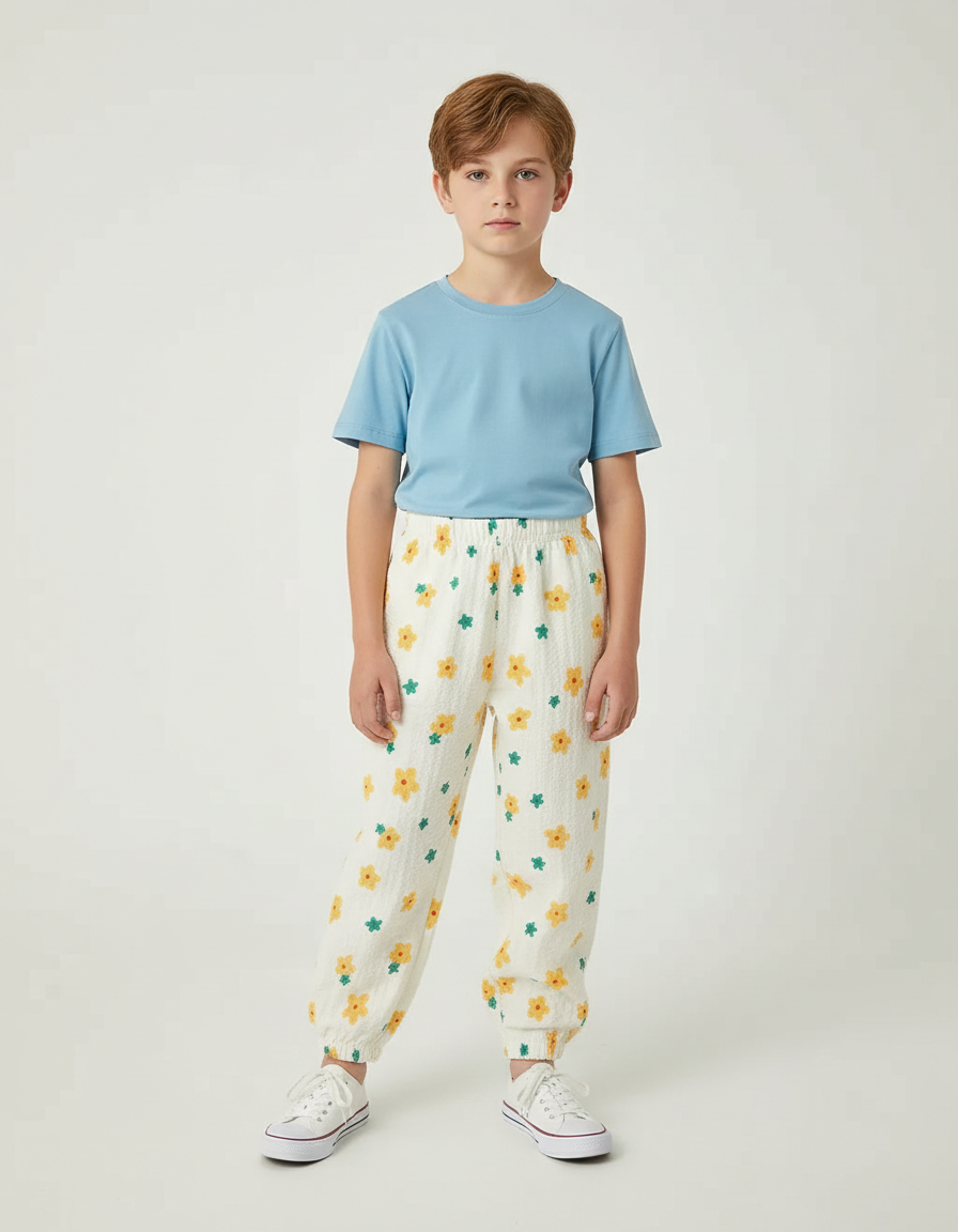 Pantalon Blanc Fleuri Ample Coton Enfant Garçon - Imprimé