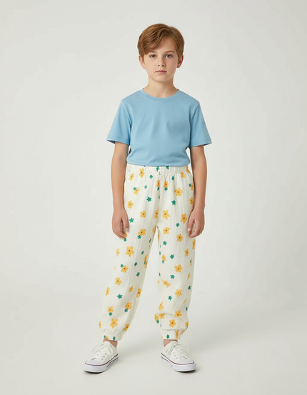 Pantalon Blanc Fleuri Ample Coton Enfant Garçon - Imprimé