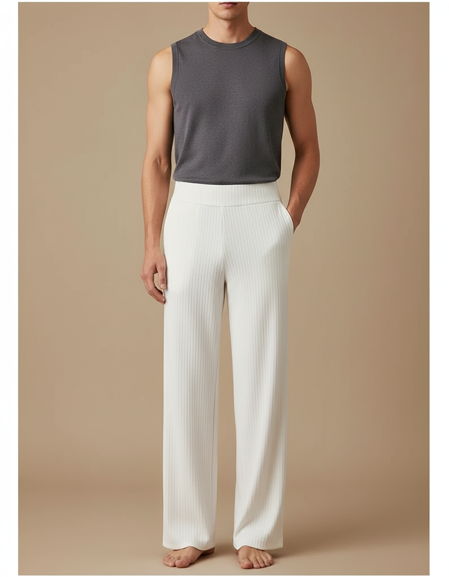 Pantalon Blanc Côtelé Ample Droit Élégant Homme - Cordé