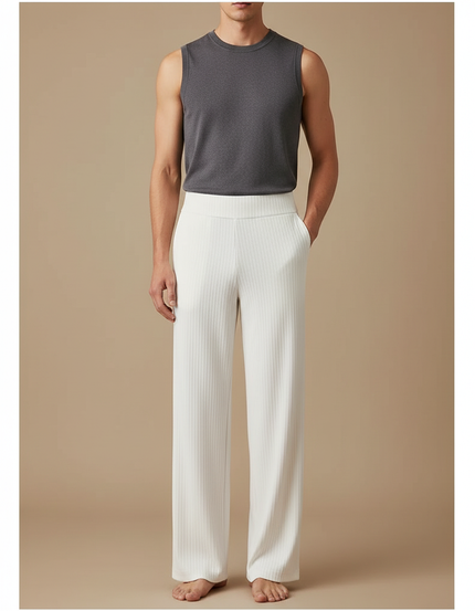 Pantalon Blanc Côtelé Ample Droit Élégant Homme - Cordé