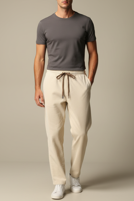 Pantalon Blanc Côtelé Décontracté Droit Homme - Beige Cordé